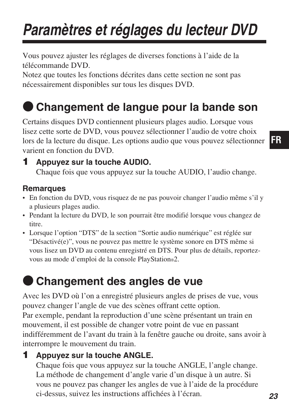 Paramètres et réglages du lecteur dvd, Changement de langue pour la bande son, Changement des angles de vue | Sony SCPH-10420 U User Manual | Page 59 / 112