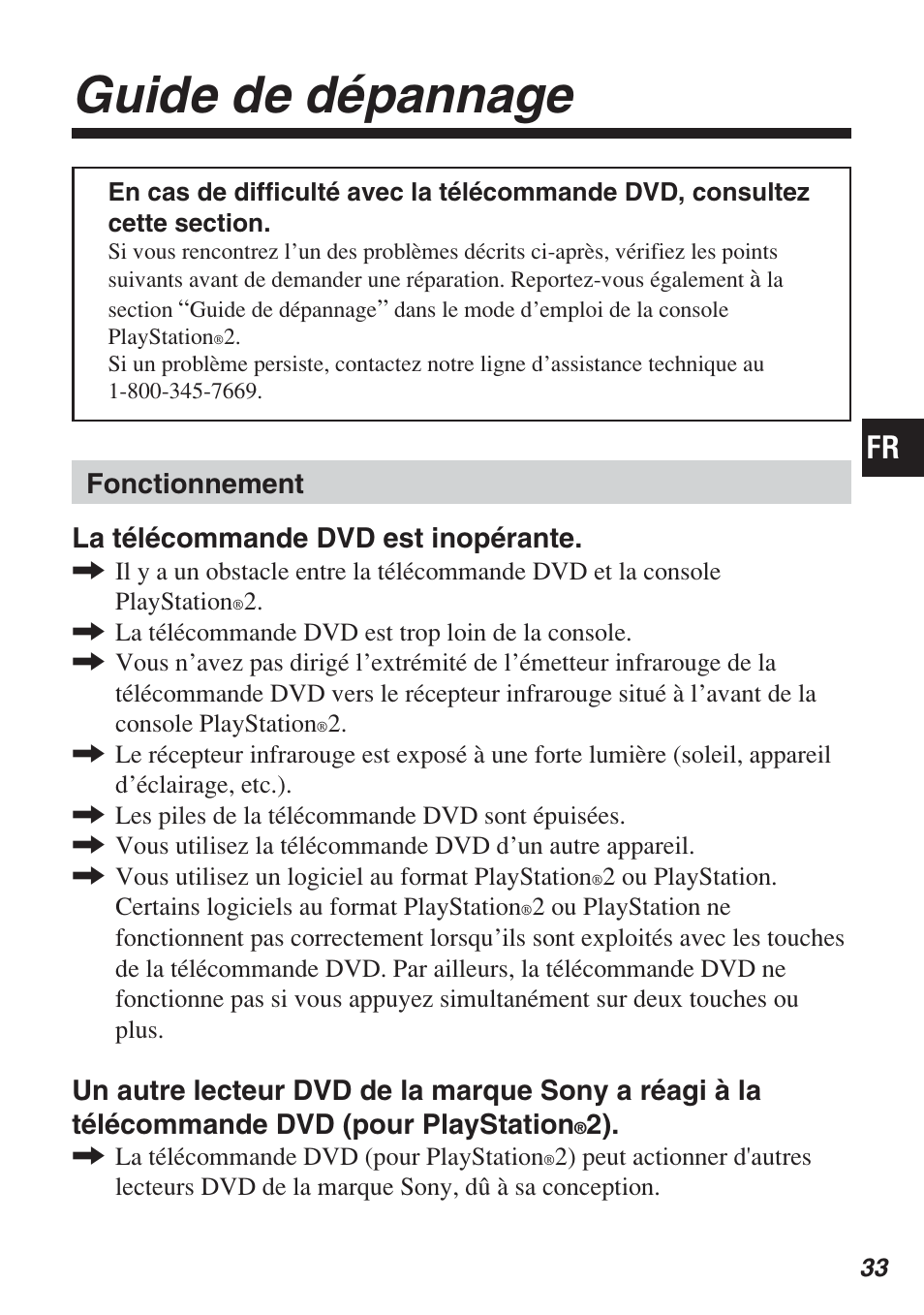 Guide de dépannage, Fonctionnement la télécommande dvd est inopérante | Sony SCPH-10420 U User Manual | Page 69 / 112