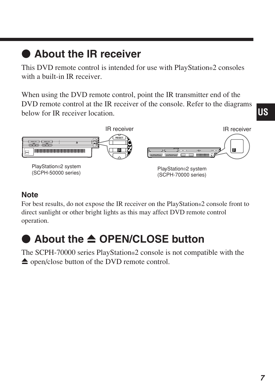 Z about the ir receiver, Z about the z open/close button | Sony SCPH-10420 U User Manual | Page 7 / 112