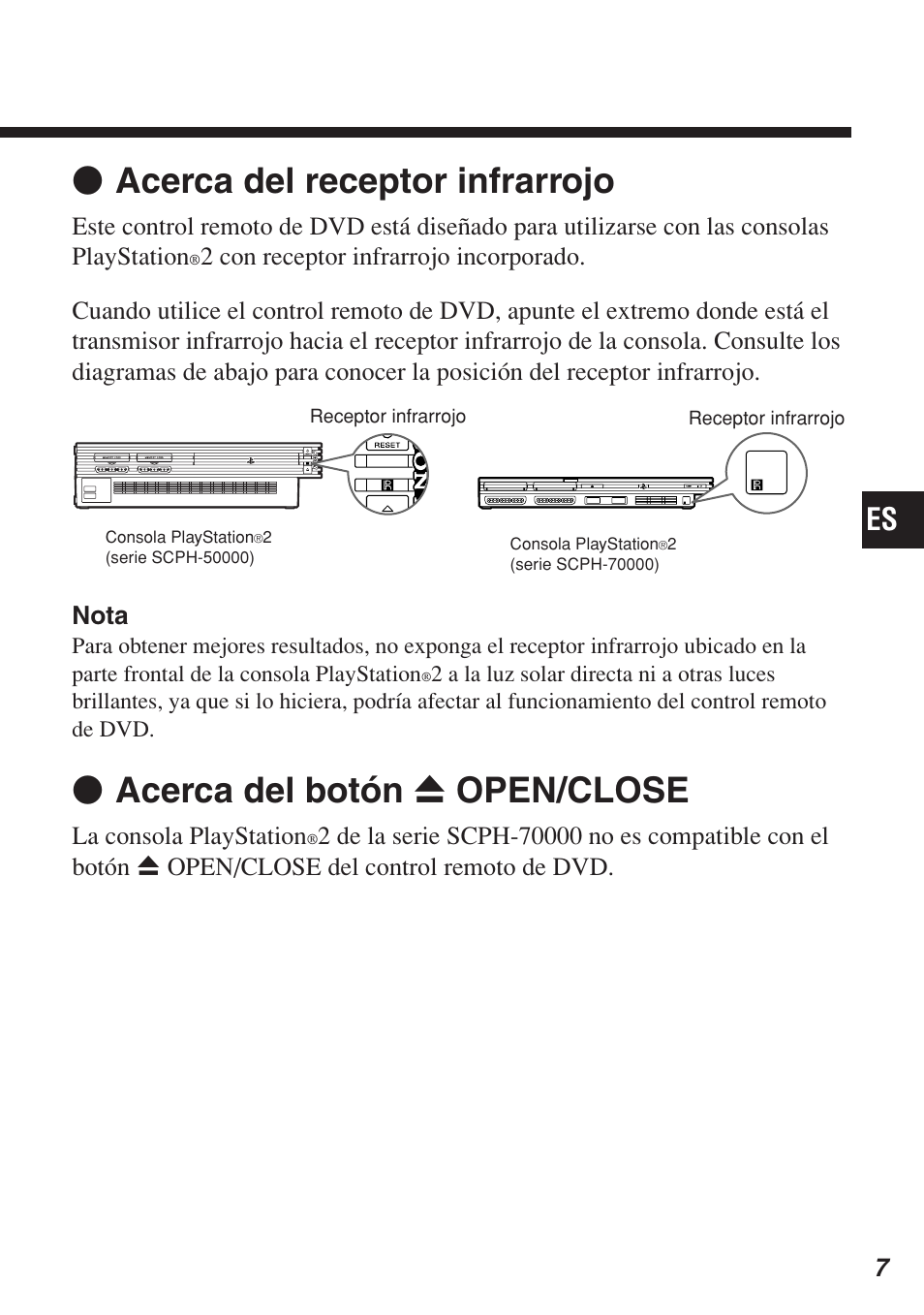 Z acerca del receptor infrarrojo, Z acerca del botón z open/close, La consola playstation | Sony SCPH-10420 U User Manual | Page 79 / 112
