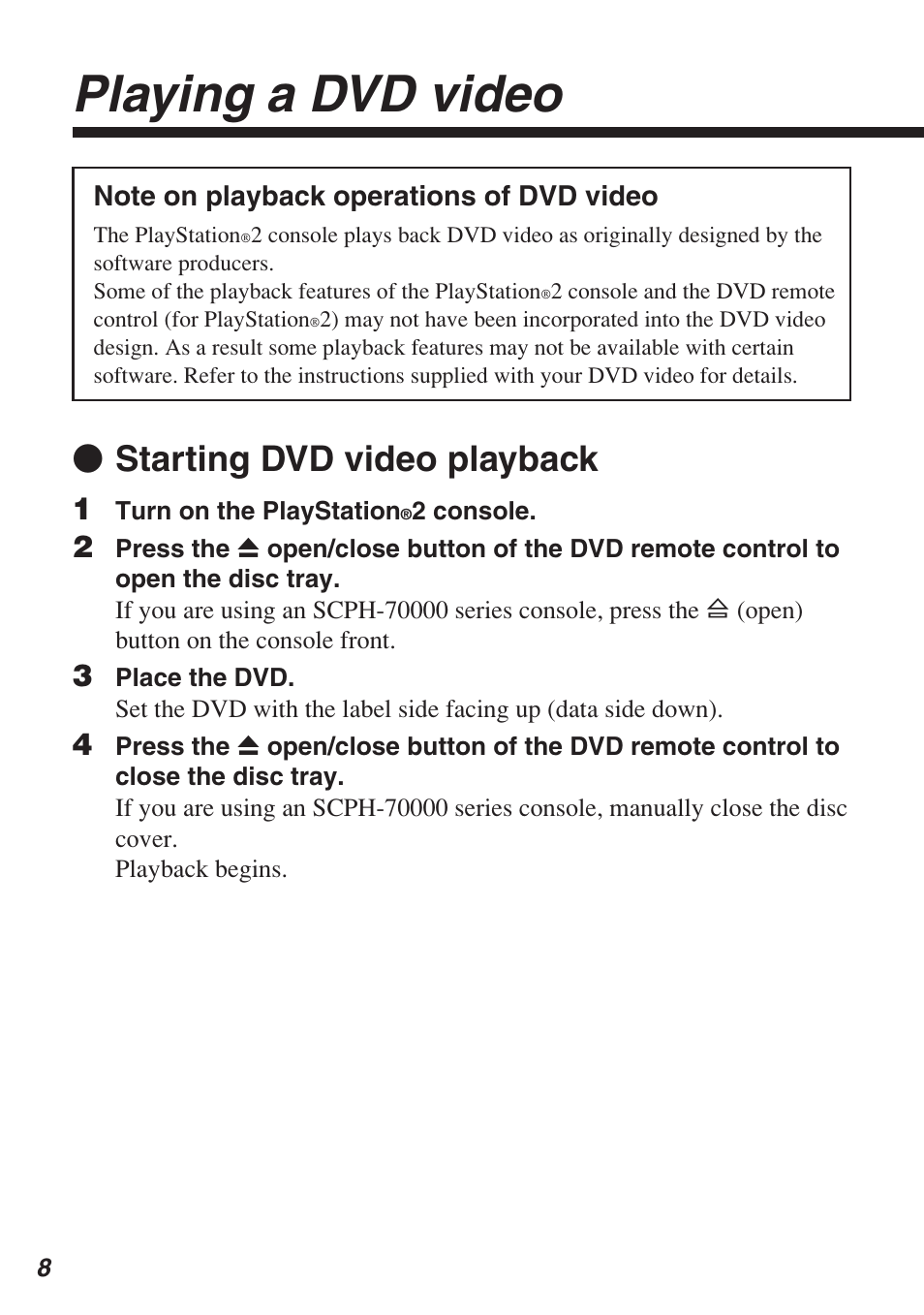 Playing a dvd video, Z starting dvd video playback | Sony SCPH-10420 U User Manual | Page 8 / 112