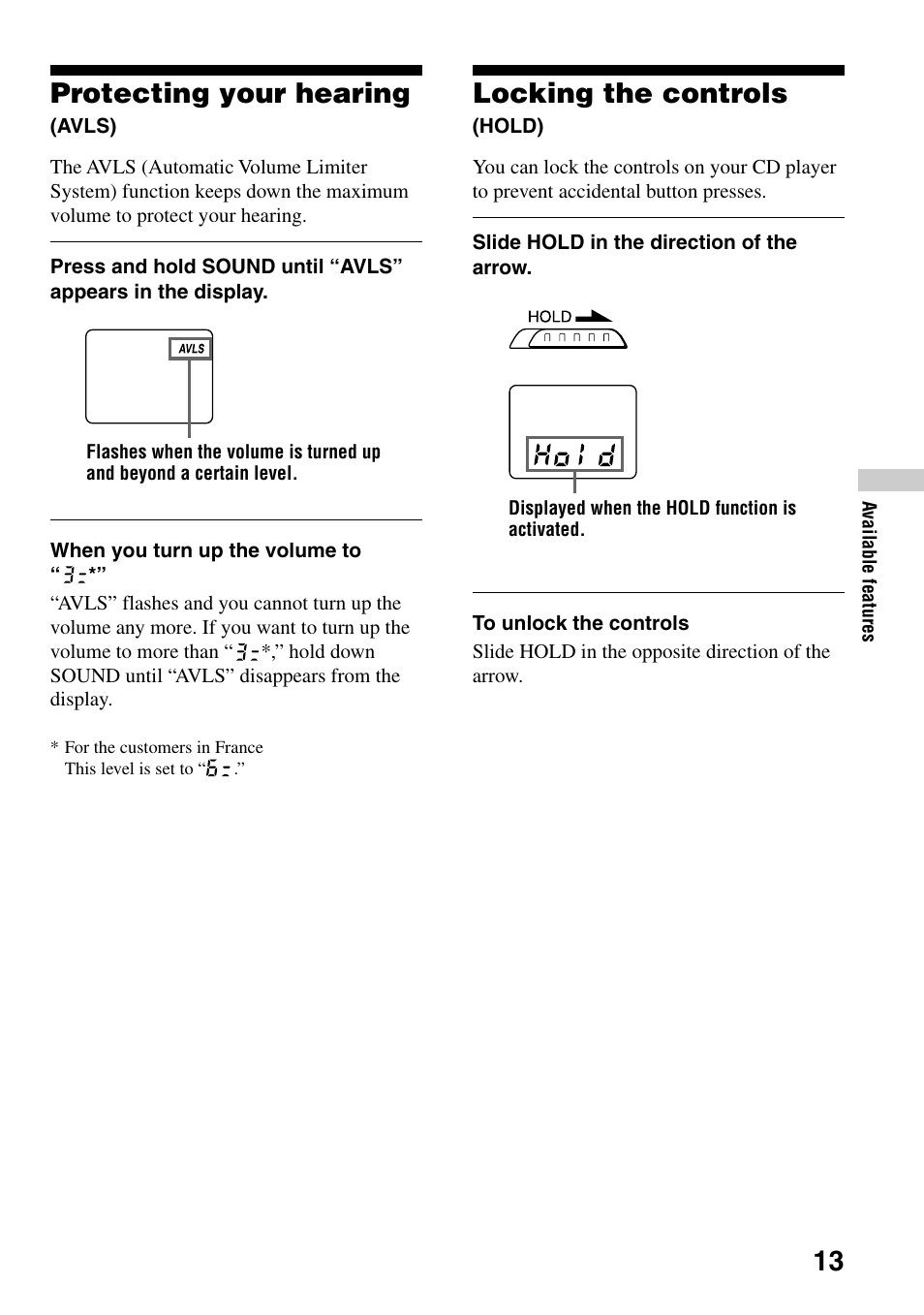 Protecting your hearing (avls), Locking the controls (hold), 13 protecting your hearing | Locking the controls | Sony D-EJ758CK User Manual | Page 13 / 28