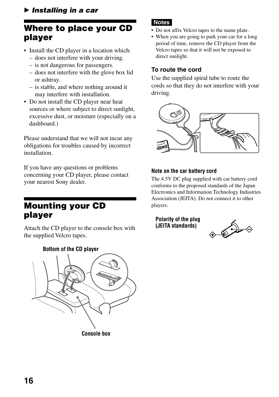 Installing in a car, Where to place your cd player, Mounting your cd player | Sony D-EJ758CK User Manual | Page 16 / 28