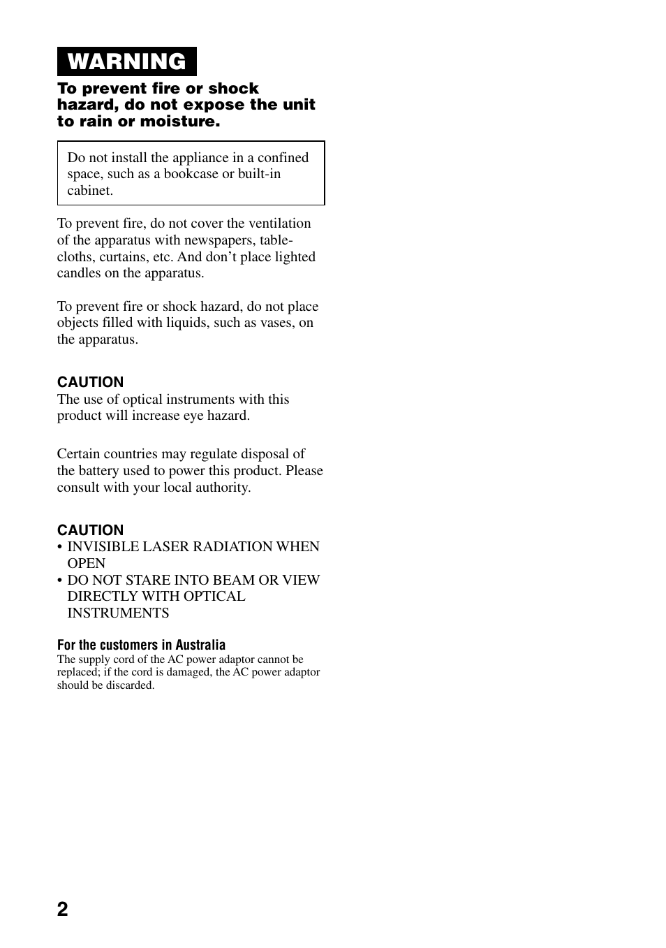 Warning | Sony D-EJ758CK User Manual | Page 2 / 28