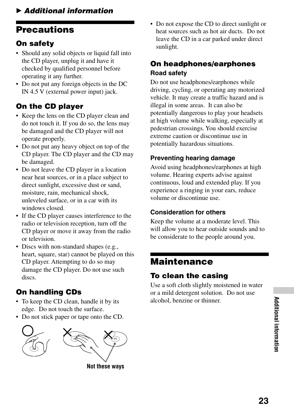 Additional information, Precautions, Maintenance | 23 precautions | Sony D-EJ758CK User Manual | Page 23 / 28