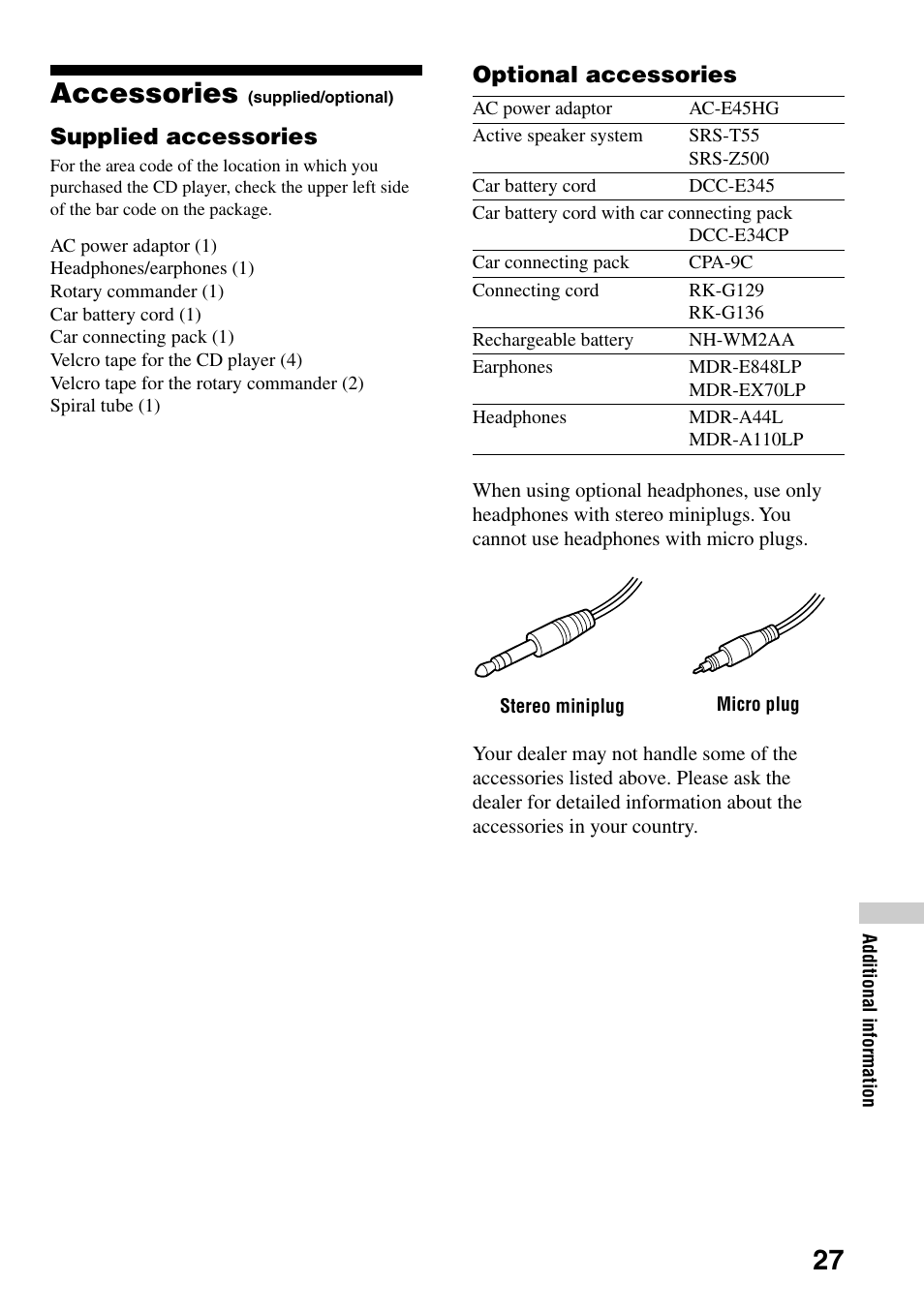 Accessories (supplied/optional), 27 accessories | Sony D-EJ758CK User Manual | Page 27 / 28