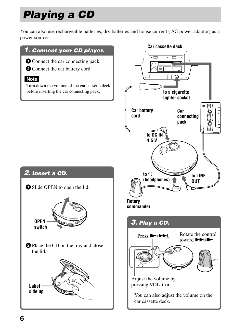 Playing a cd, Connect your cd player, Insert a cd | Play a cd, 1 . connect your cd player, 2 . insert a cd, 3 . play a cd | Sony D-EJ758CK User Manual | Page 6 / 28
