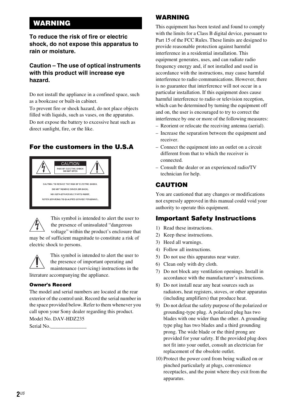 Warning | Sony DAV-HDZ235 User Manual | Page 2 / 100