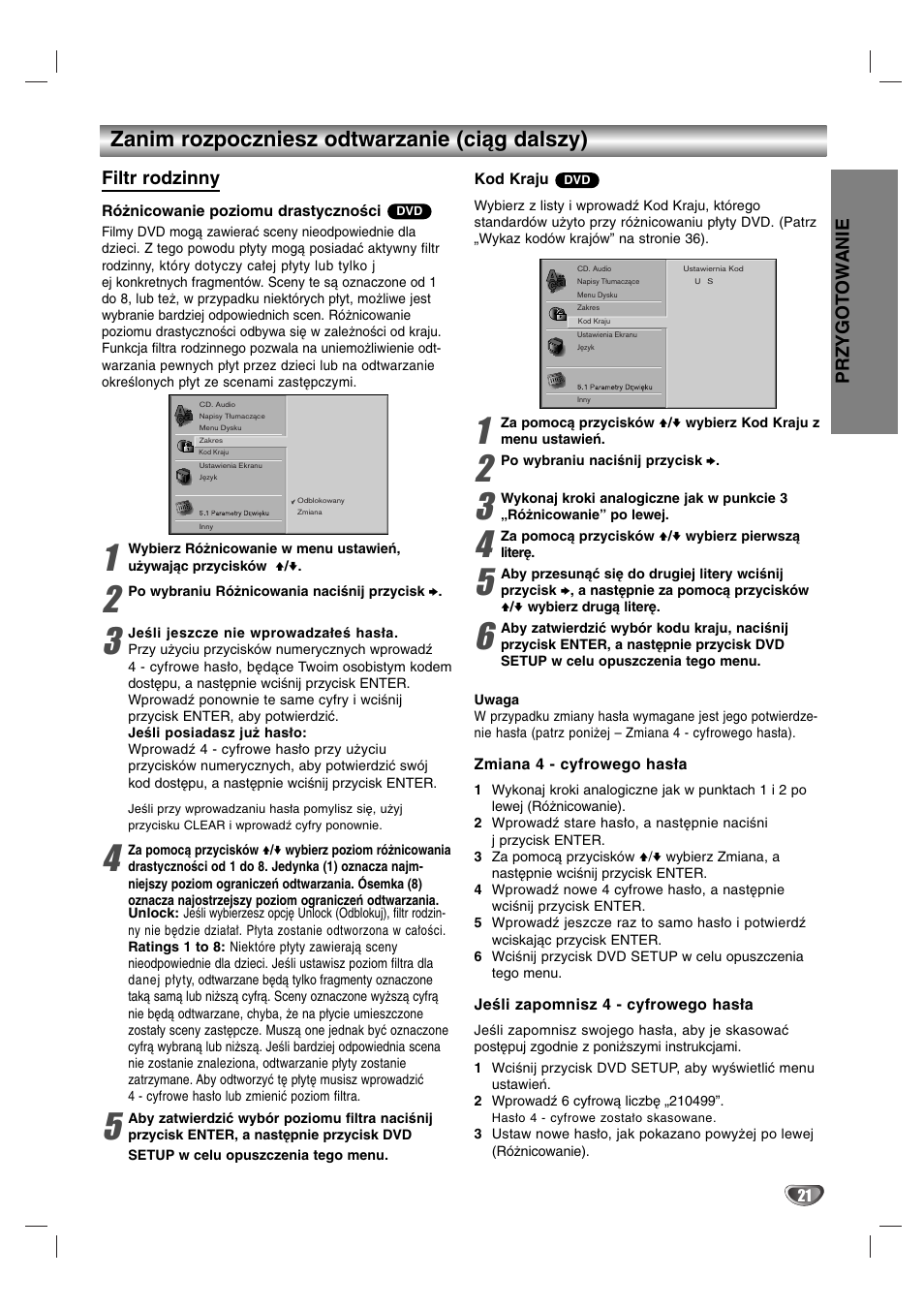 Zanim rozpoczniesz odtwarzanie (ciąg dalszy), Przygot ow anie, Filtr rodzinny | Sony DAV-SB200 User Manual | Page 101 / 120