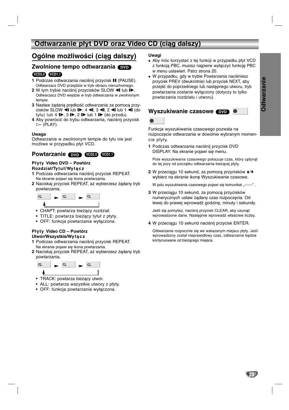 Odtwarzanie, Zwolnione tempo odtwarzania, Powtarzanie | Wyszukiwanie czasowe | Sony DAV-SB200 User Manual | Page 103 / 120