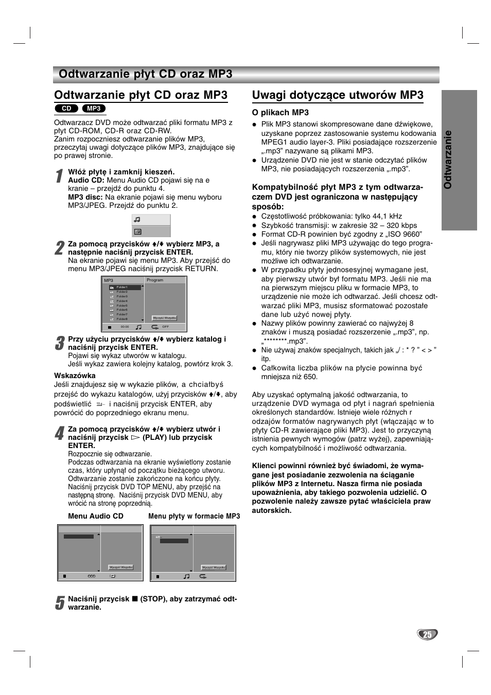 Odtwarzanie płyt cd oraz mp3, Uwagi dotyczące utworów mp3, Odtwarzanie | O plikach mp3 | Sony DAV-SB200 User Manual | Page 105 / 120