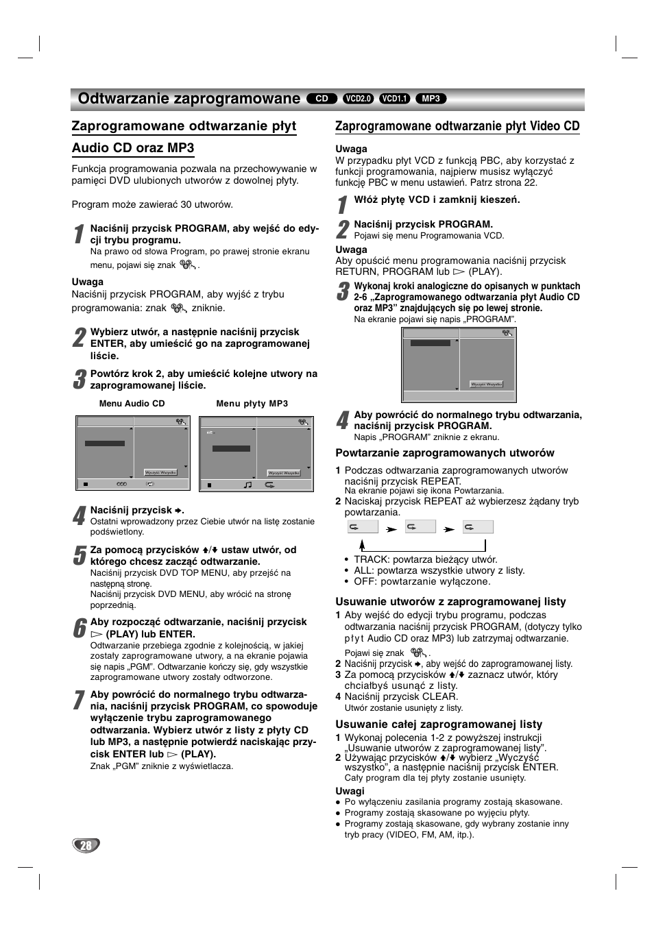Odtwarzanie zaprogramowane, Zaprogramowane odtwarzanie płyt audio cd oraz mp3, Zaprogramowane odtwarzanie płyt video cd | Sony DAV-SB200 User Manual | Page 108 / 120