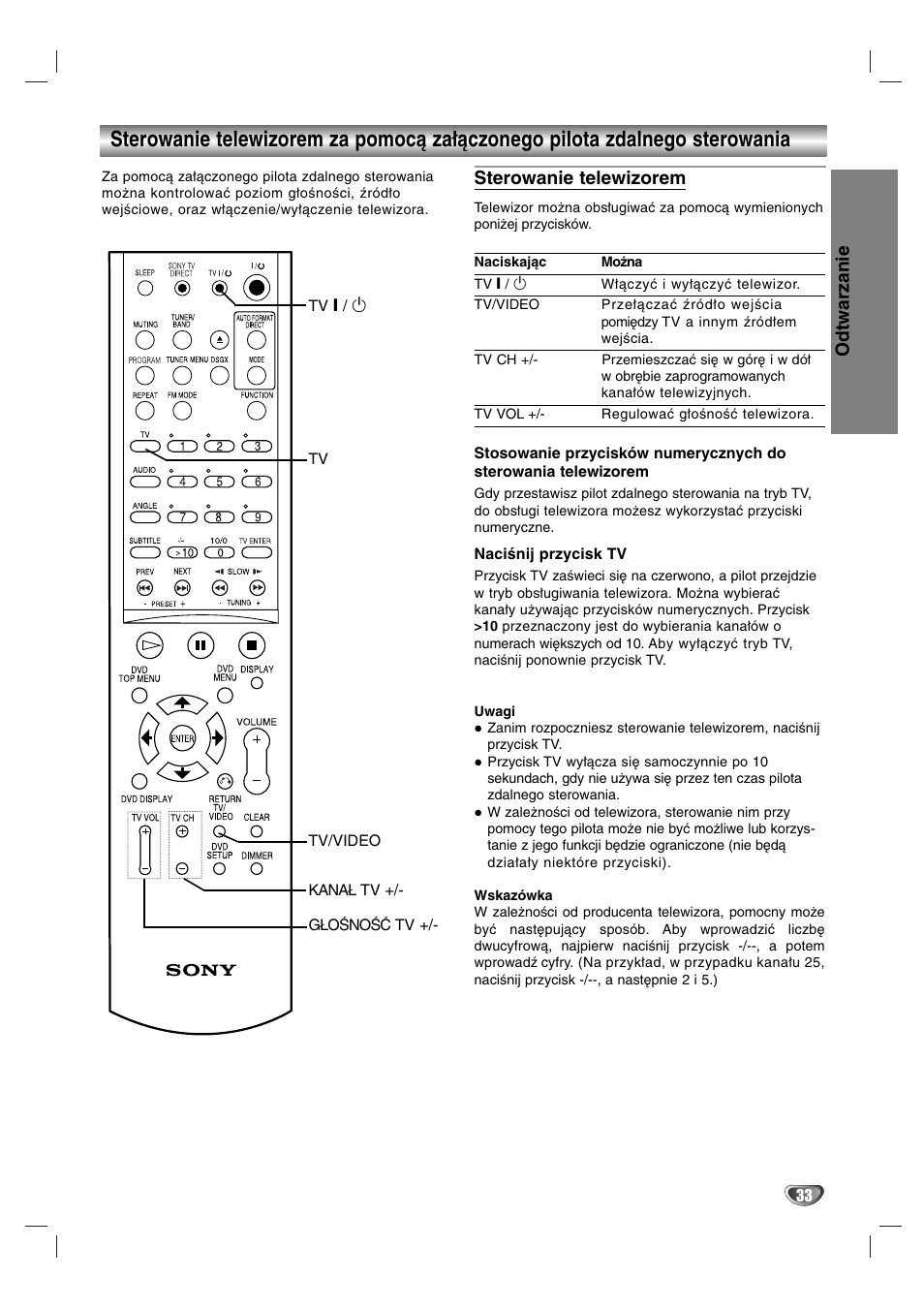 Odtwarzanie, Sterowanie telewizorem | Sony DAV-SB200 User Manual | Page 113 / 120