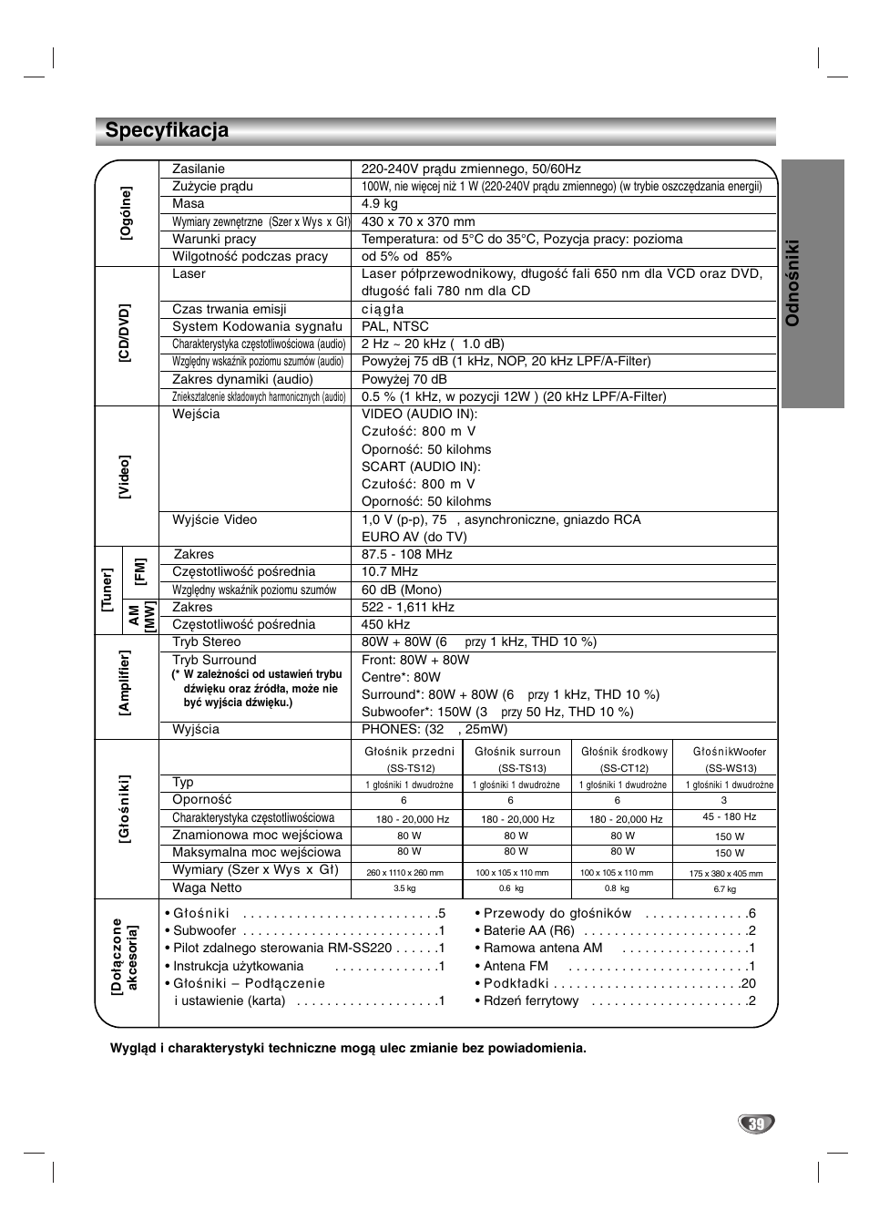 Specyfikacja, Odnośniki | Sony DAV-SB200 User Manual | Page 119 / 120