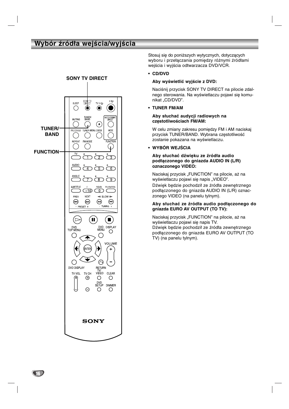 Wybór źródła wejścia/wyjścia | Sony DAV-SB200 User Manual | Page 96 / 120