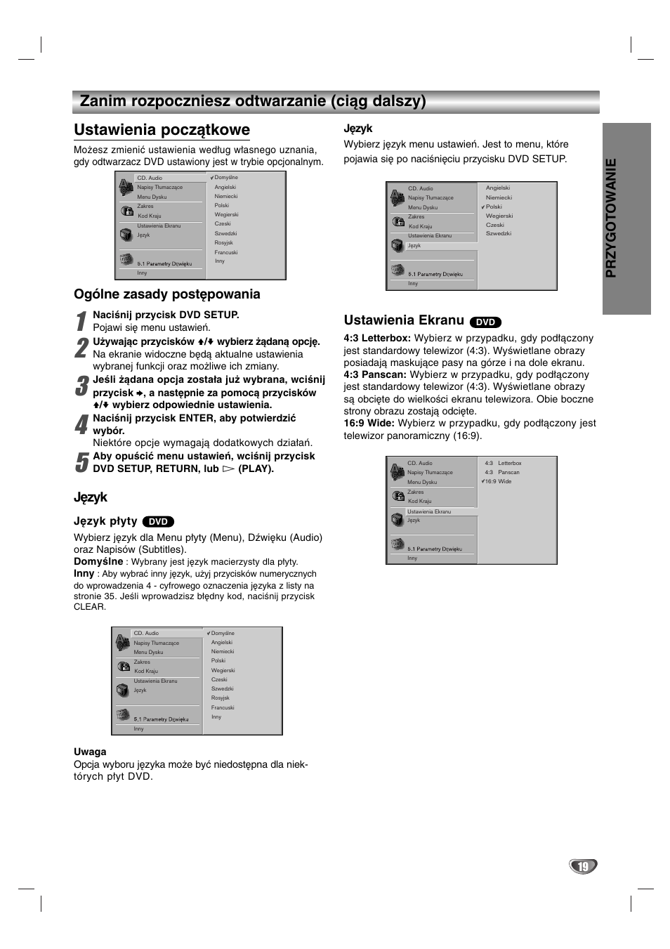 Przygot ow anie, Ogólne zasady postępowania, Język | Ustawienia ekranu, Język płyty | Sony DAV-SB200 User Manual | Page 99 / 120