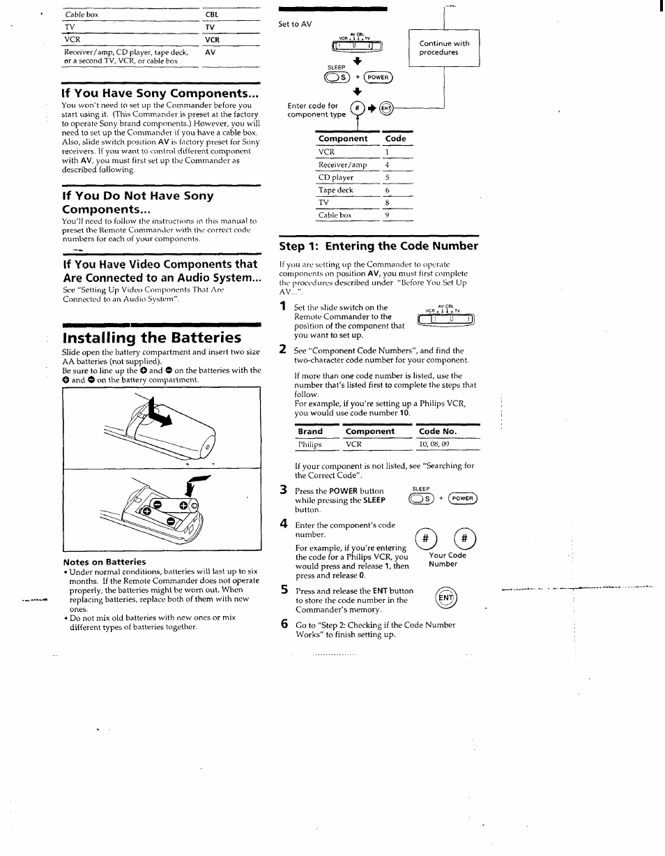 Installing the batteries, If you have sony components, If you do not have sony components | Step 1; entering the code number | Sony RM-V12 User Manual | Page 2 / 8