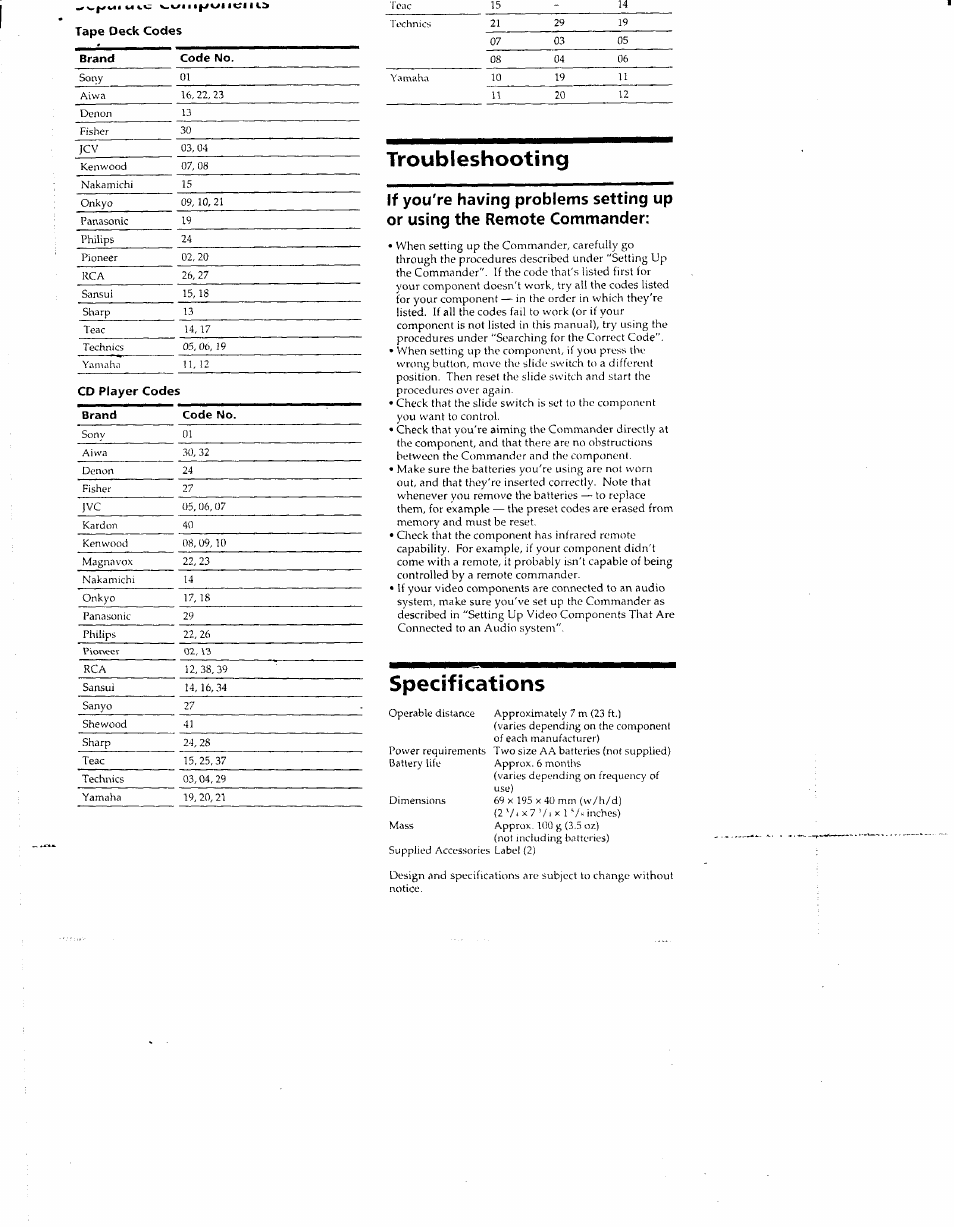 Troubleshooting, Specifications | Sony RM-V12 User Manual | Page 8 / 8