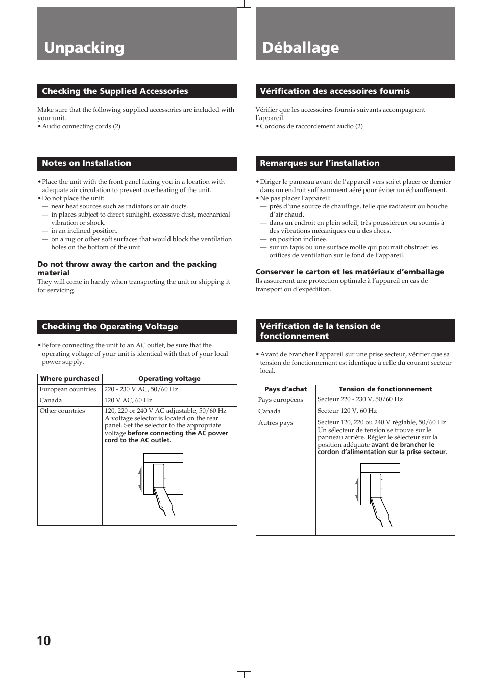 Unpacking, Checking the supplied accessories, Notes on installation | Checking the operating voltage, Déballage, Vérification des accessoires fournis, Remarques sur l’installation, Vérification de la tension de fonctionnement, Unpacking déballage | Sony TC-K615S User Manual | Page 10 / 60