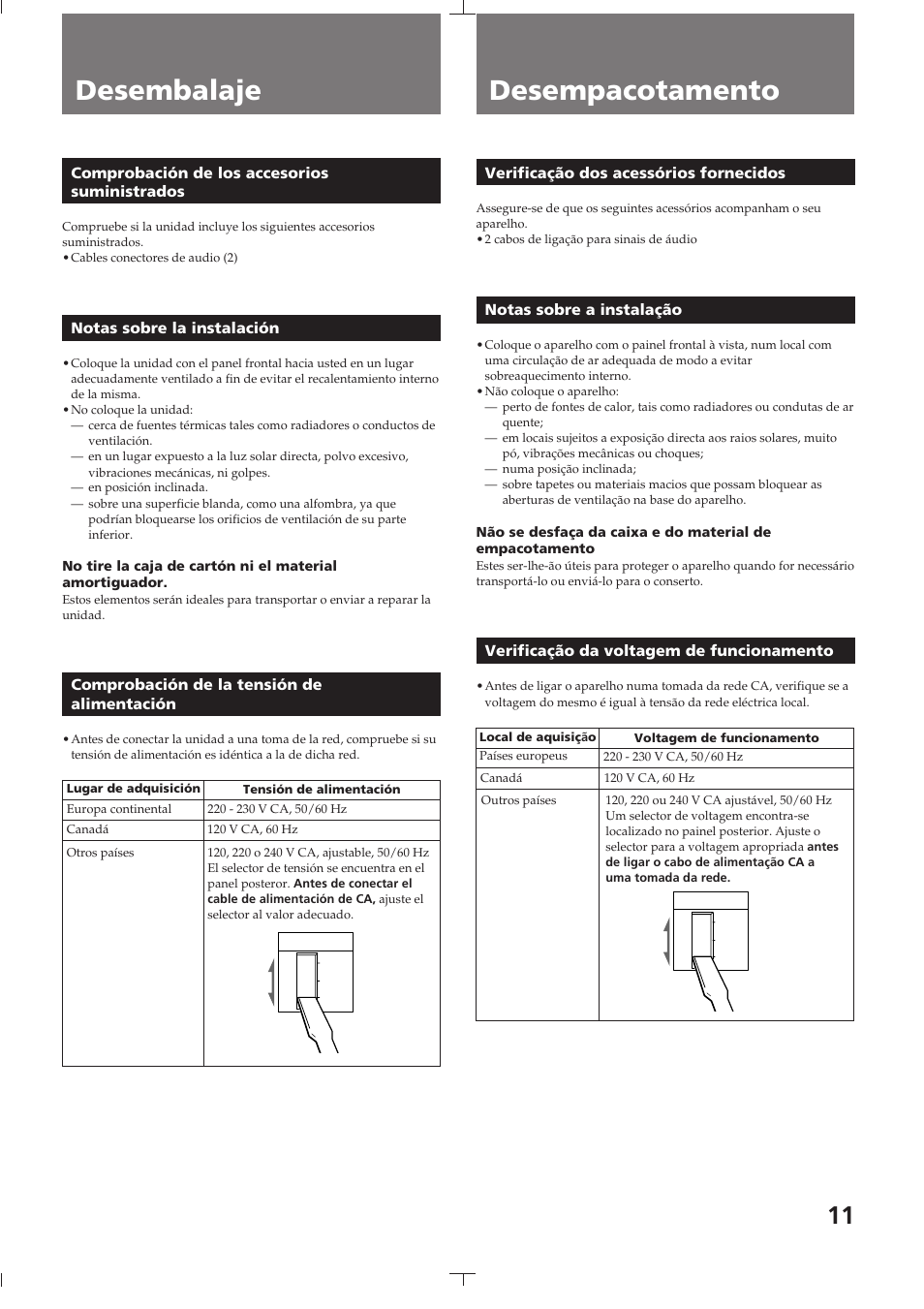 Desembalaje, Comprobación de los accesorios suministrados, Notas sobre la instalación | Comprobación de la tensión de alimentación, Desempacotamento, Verificação dos acessórios fornecidos, Notas sobre a instalação, Verificação da voltagem de funcionamento, Desembalaje desempacotamento | Sony TC-K615S User Manual | Page 11 / 60