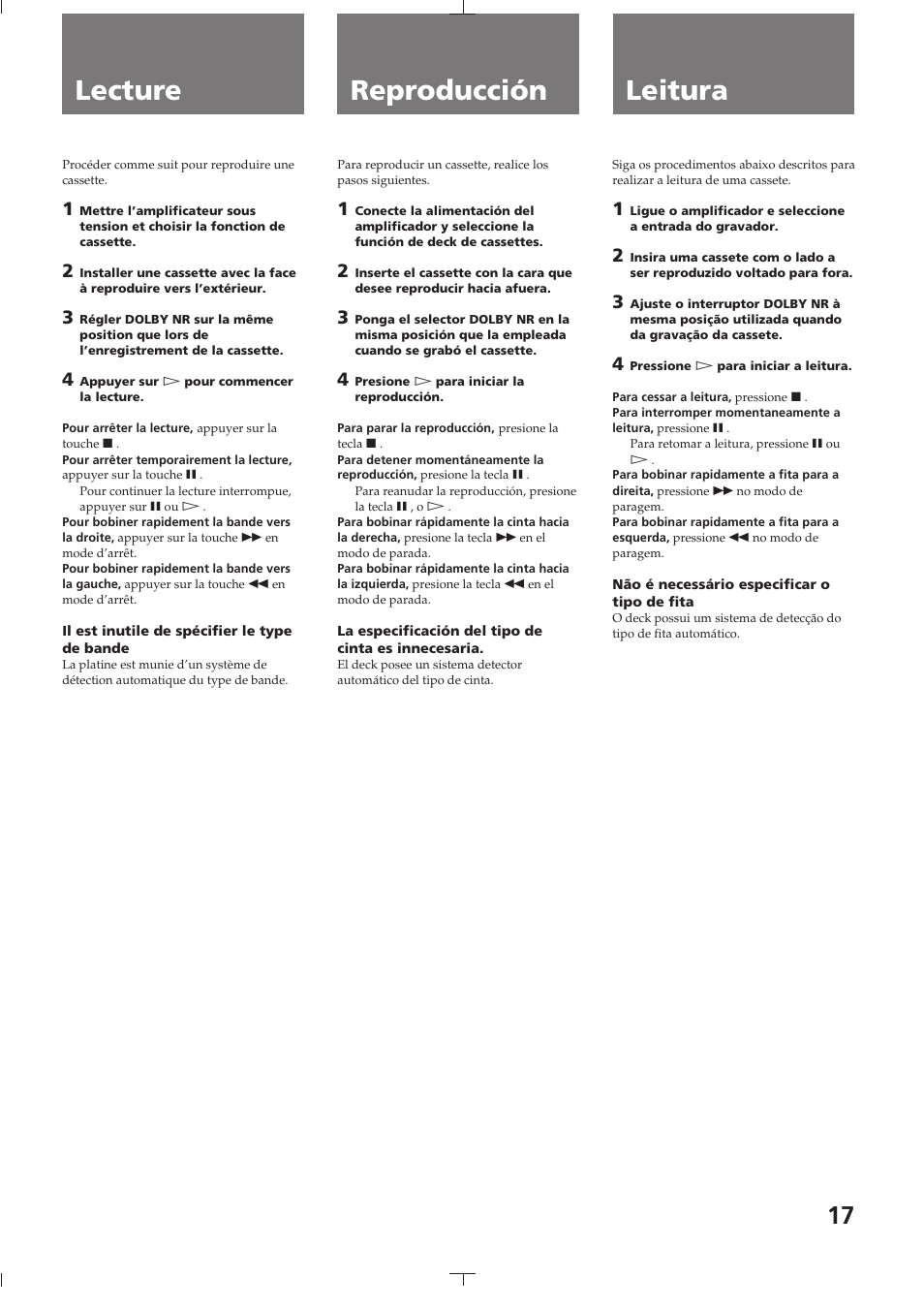 Chapitre 2 lecture, Lecture, Capítulo 2 reproducción | Reproducción, Secção 2 leitura, Leitura | Sony TC-K615S User Manual | Page 17 / 60