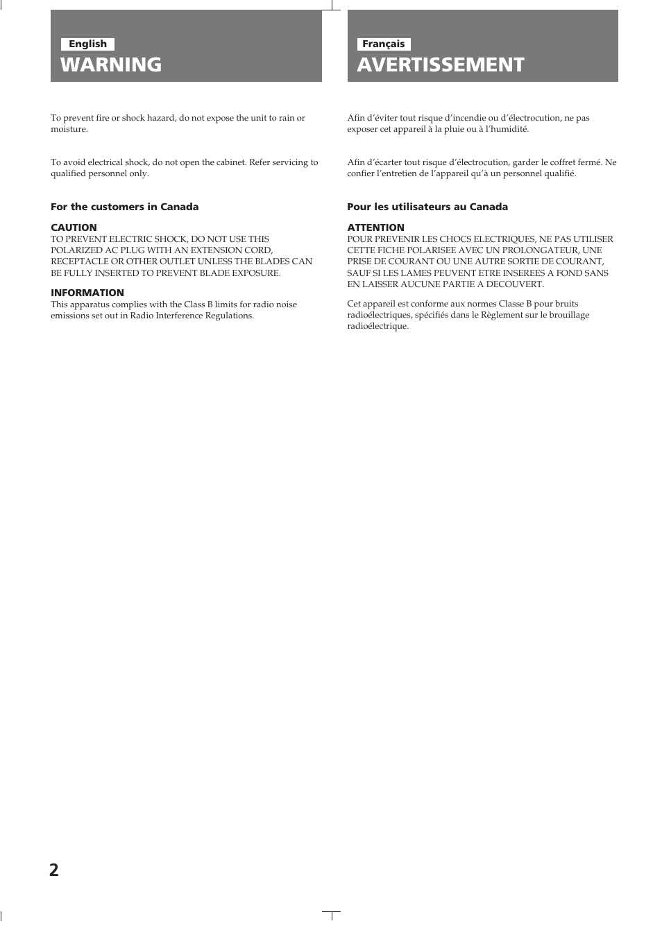 Warning avertissement | Sony TC-K615S User Manual | Page 2 / 60