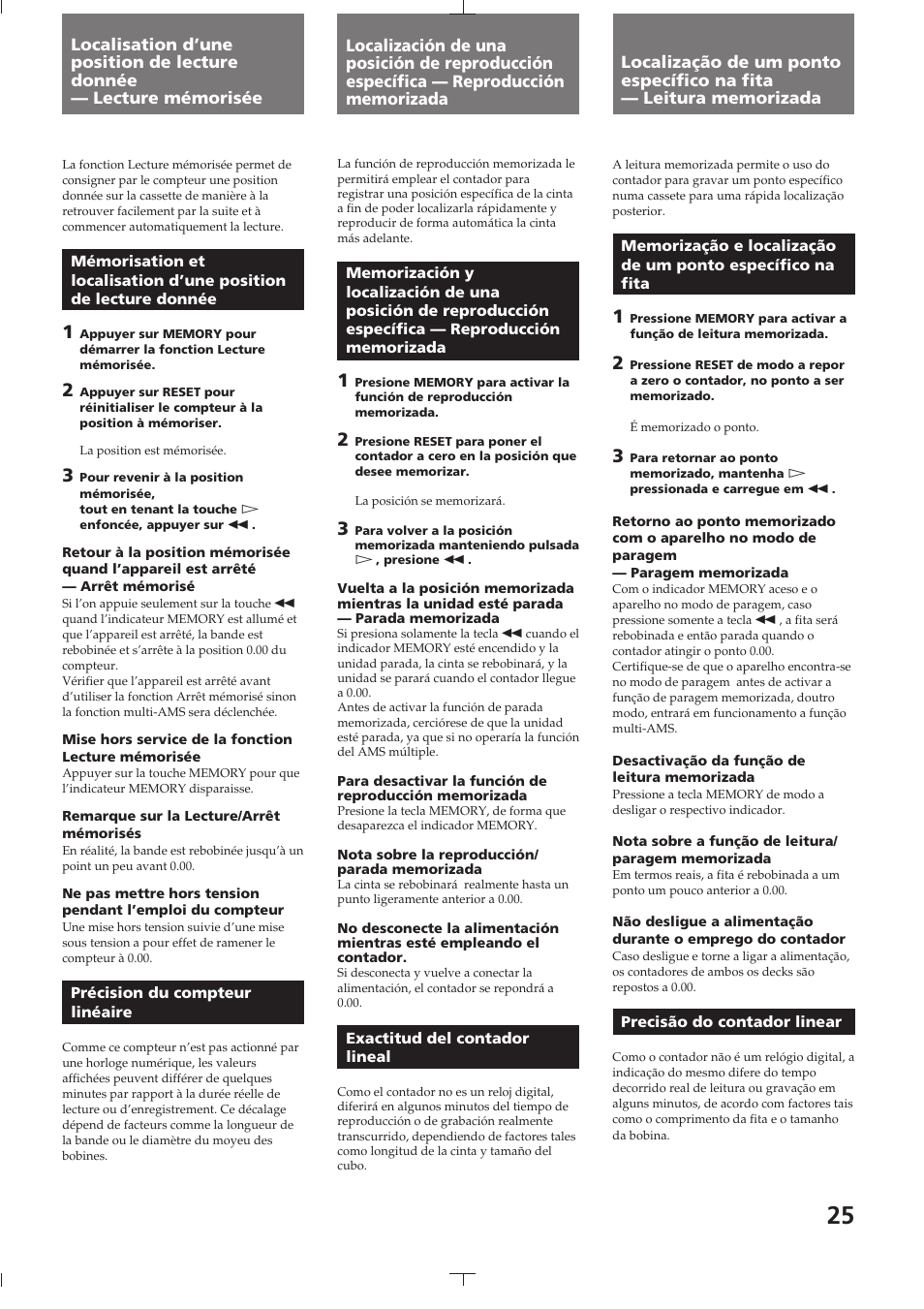 Précision du compteur linéaire, Exactitud del contador lineal, Precisão do contador linear | Sony TC-K615S User Manual | Page 25 / 60