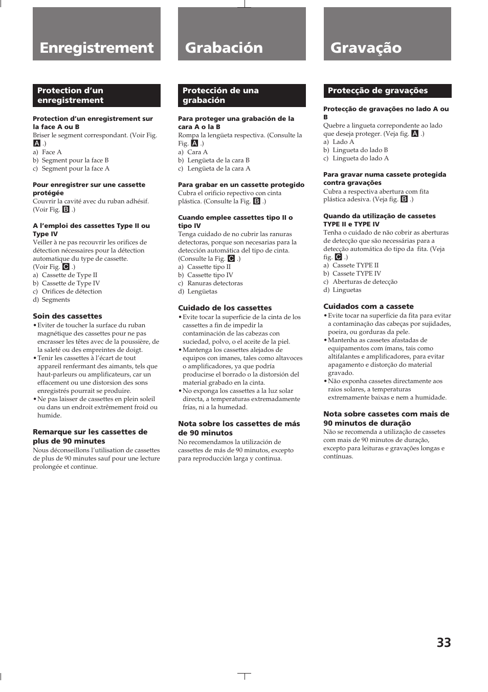 Protection d’un enregistrement, Protección de una grabación, Protecção de gravações | Enregistrement, Grabación, Gravação | Sony TC-K615S User Manual | Page 33 / 60