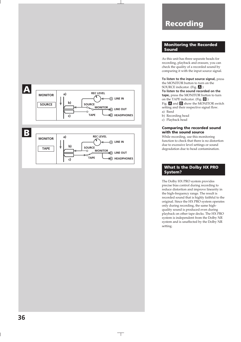 Monitoring the recorded sound, What is the dolby hx pro system, Recording | Sony TC-K615S User Manual | Page 36 / 60