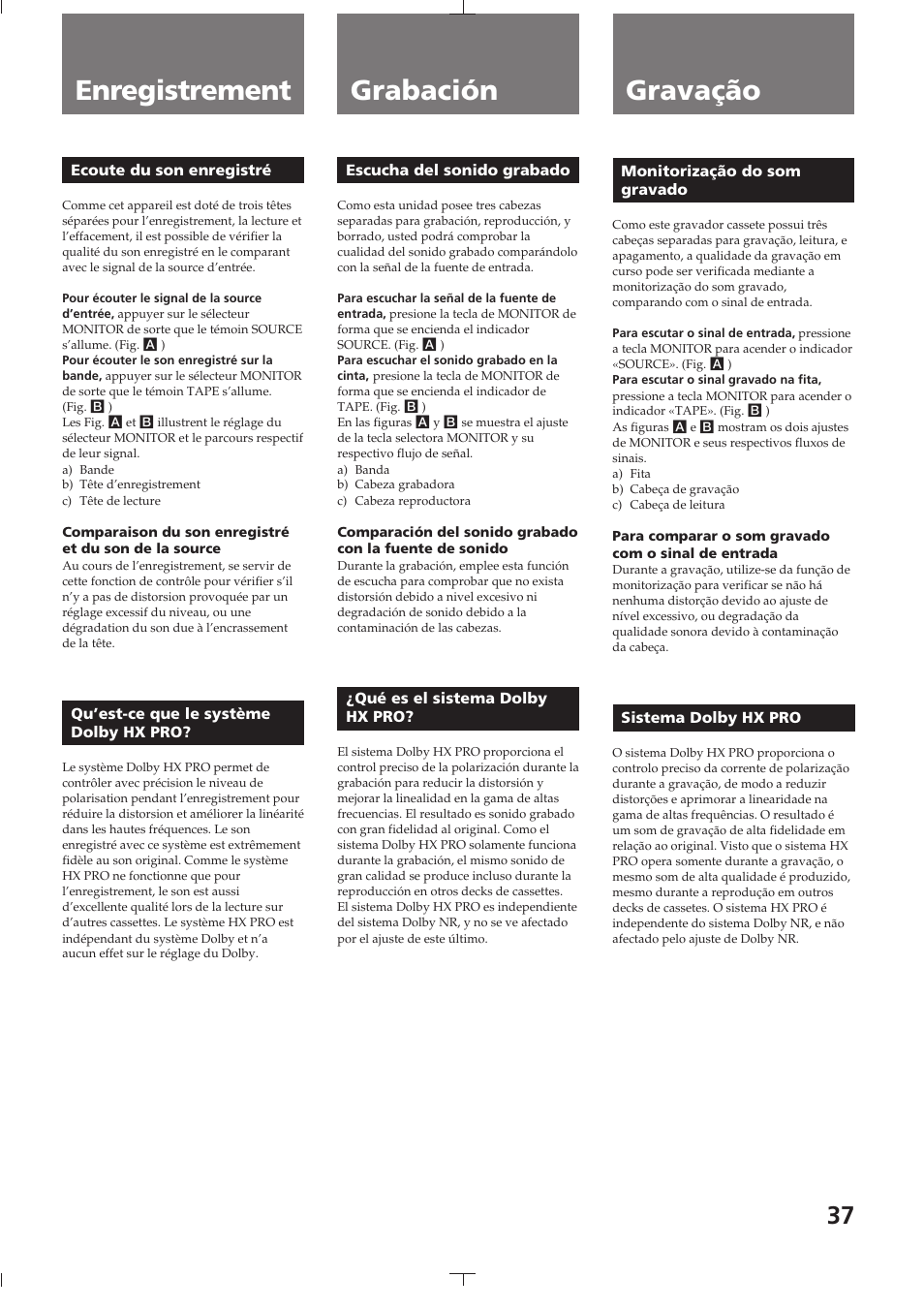 Ecoute du son enregistré, Qu’est-ce que le système dolby hx pro, Escucha del sonido grabado | Qué es el sistema dolby hx pro, Monitorização do som gravado, Sistema dolby hx pro, Enregistrement grabación gravação | Sony TC-K615S User Manual | Page 37 / 60