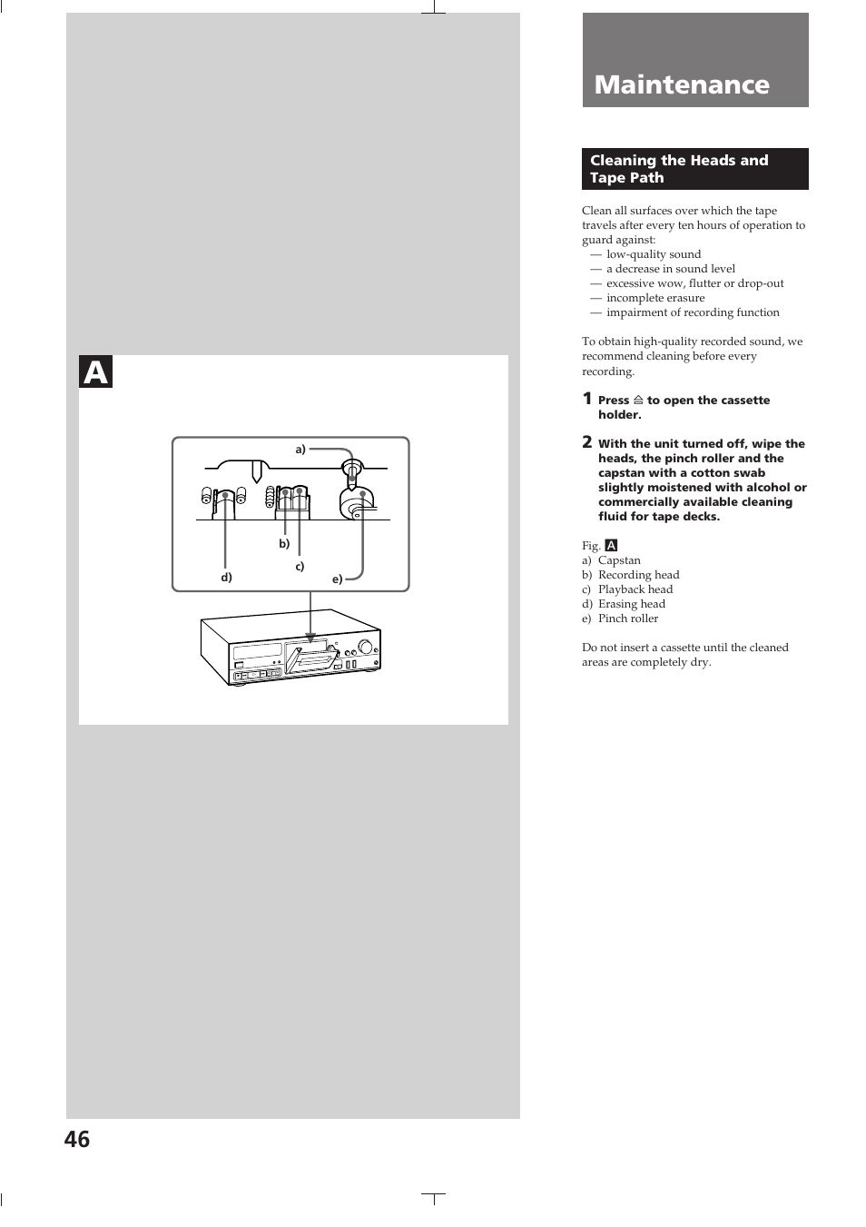 Chapter 4 additional information, Maintenance, Cleaning the heads and tape path | Sony TC-K615S User Manual | Page 46 / 60