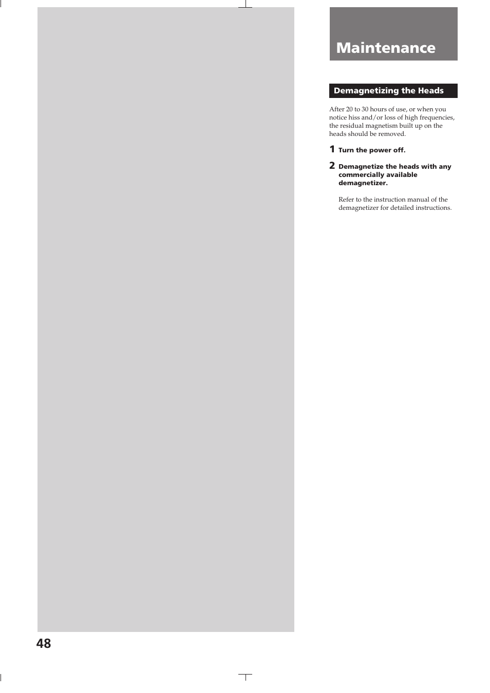 Demagnetizing the heads, Maintenance | Sony TC-K615S User Manual | Page 48 / 60