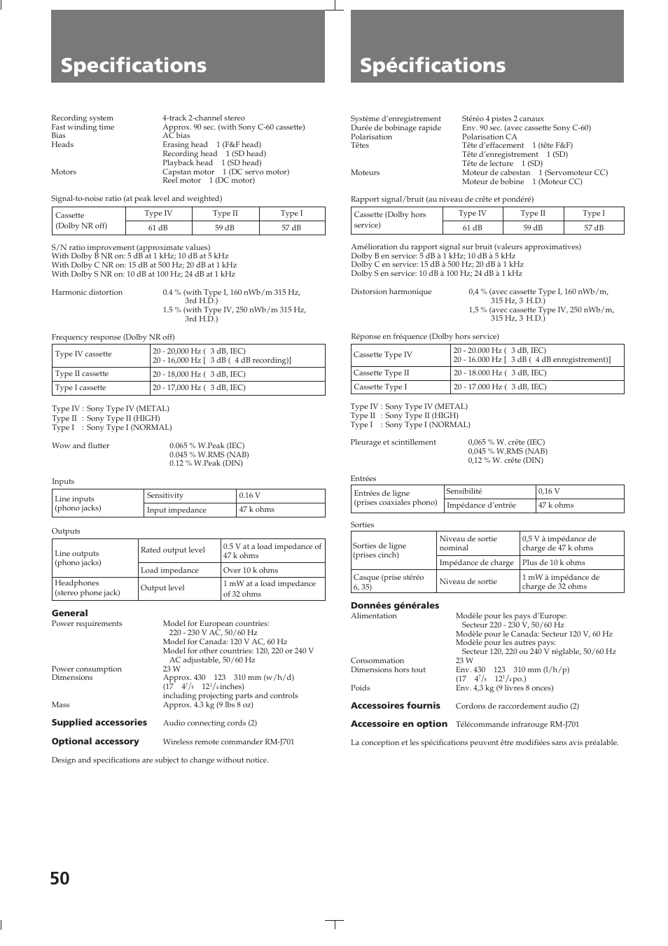 Specifications, Spécifications | Sony TC-K615S User Manual | Page 50 / 60