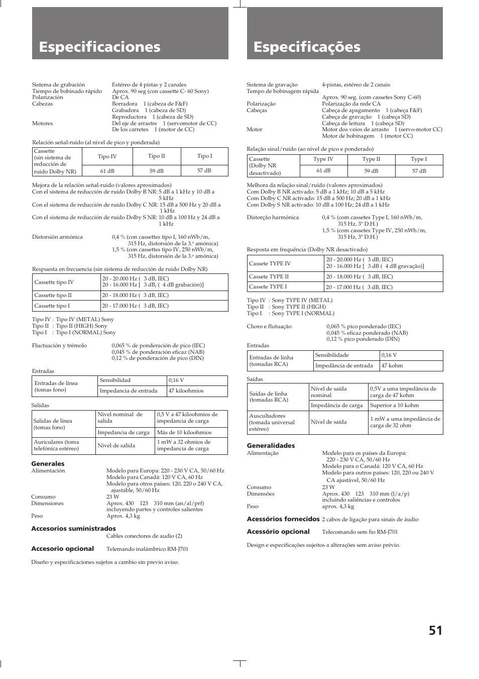 Especificaciones, Especificações, Especificaciones especificações | Sony TC-K615S User Manual | Page 51 / 60