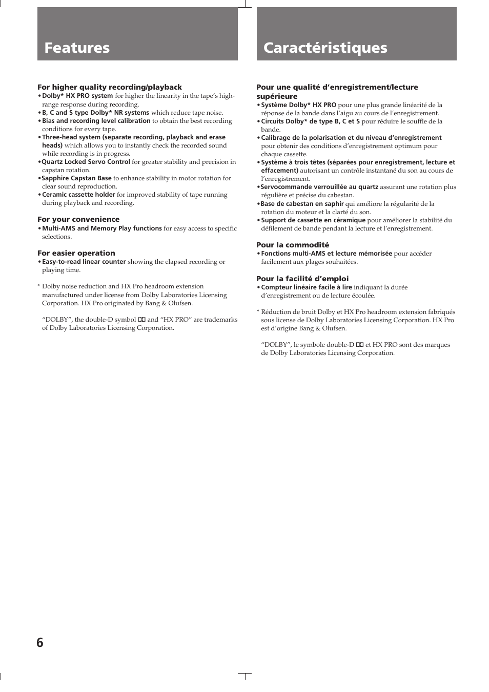 Chapter 1 getting started, Features, Caractéristiques | Features caractéristiques | Sony TC-K615S User Manual | Page 6 / 60