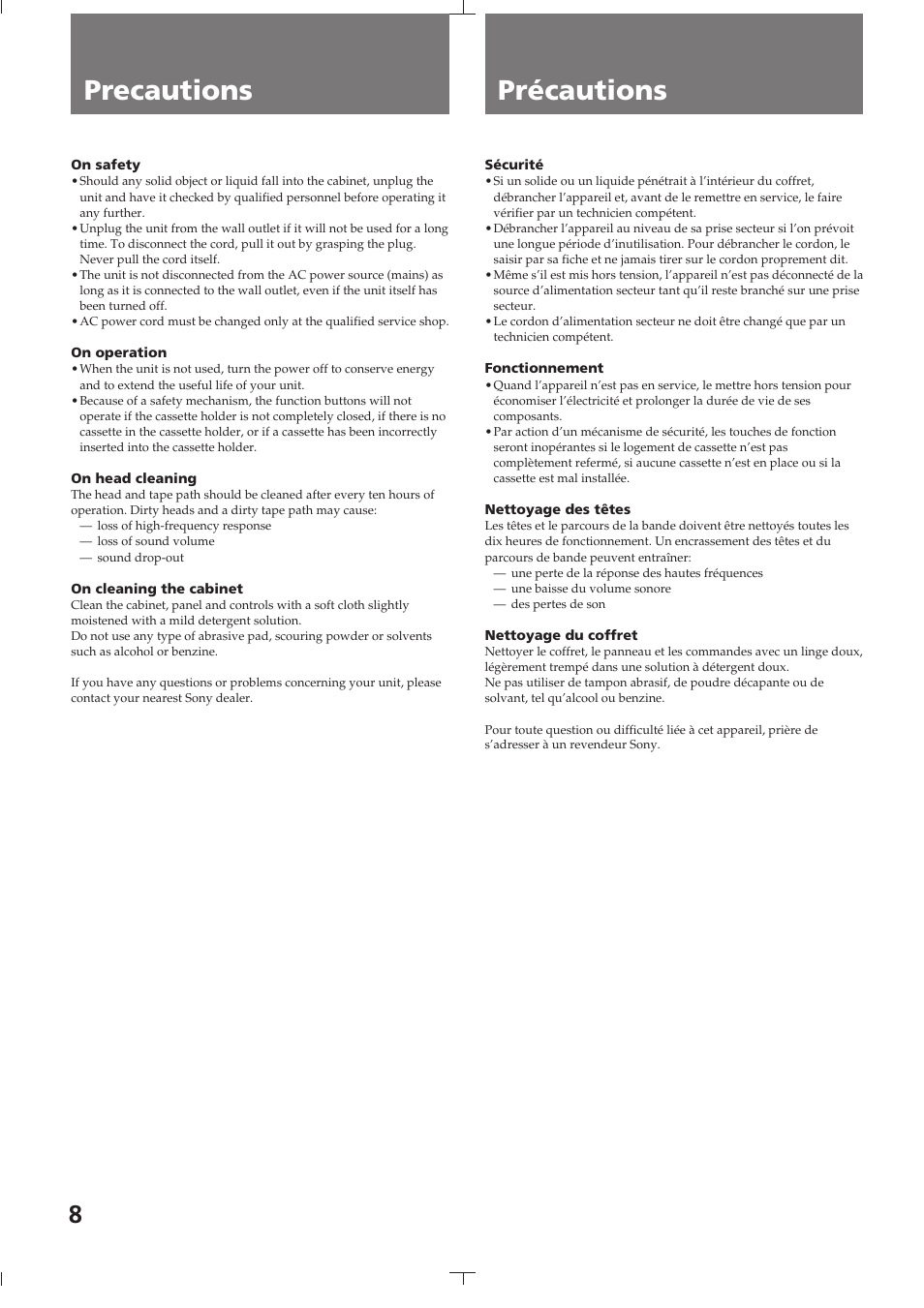 Precautions, Précautions, Secção 1 preparativos | Sony TC-K615S User Manual | Page 8 / 60