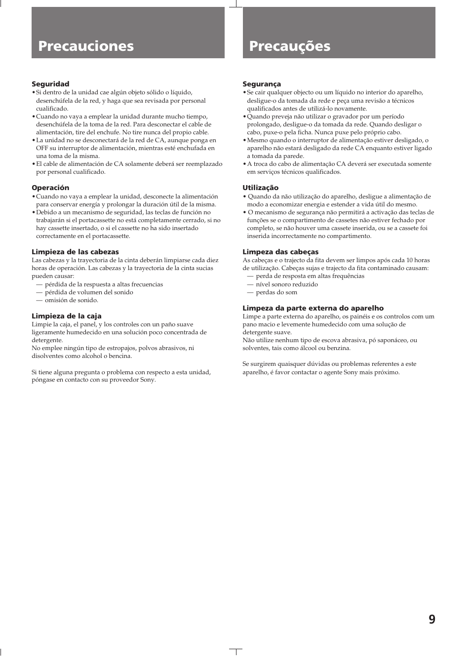 Precauciones, Precauções | Sony TC-K615S User Manual | Page 9 / 60