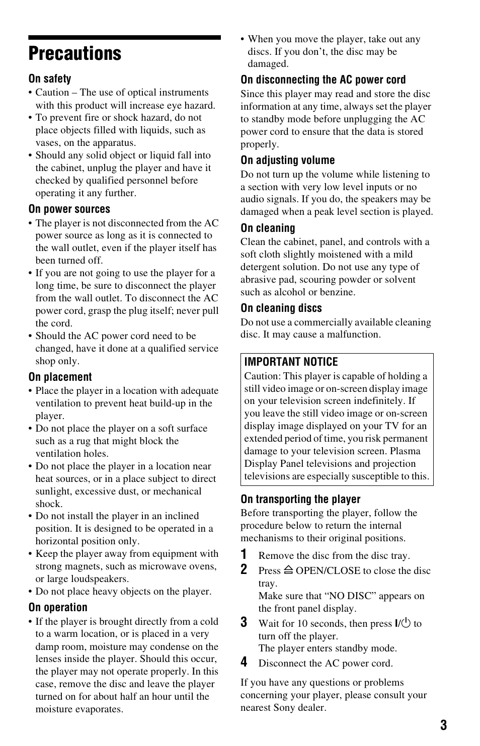 Precautions | Sony DVP-NS3100ES User Manual | Page 3 / 88