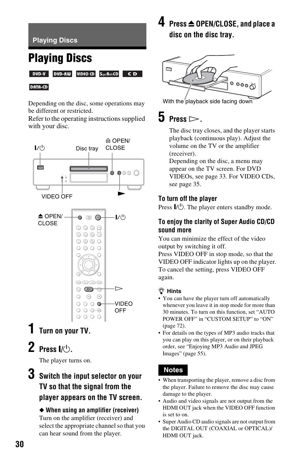 Playing discs, Cator (30, Disc tray (30) | N (30) | Sony DVP-NS3100ES User Manual | Page 30 / 88