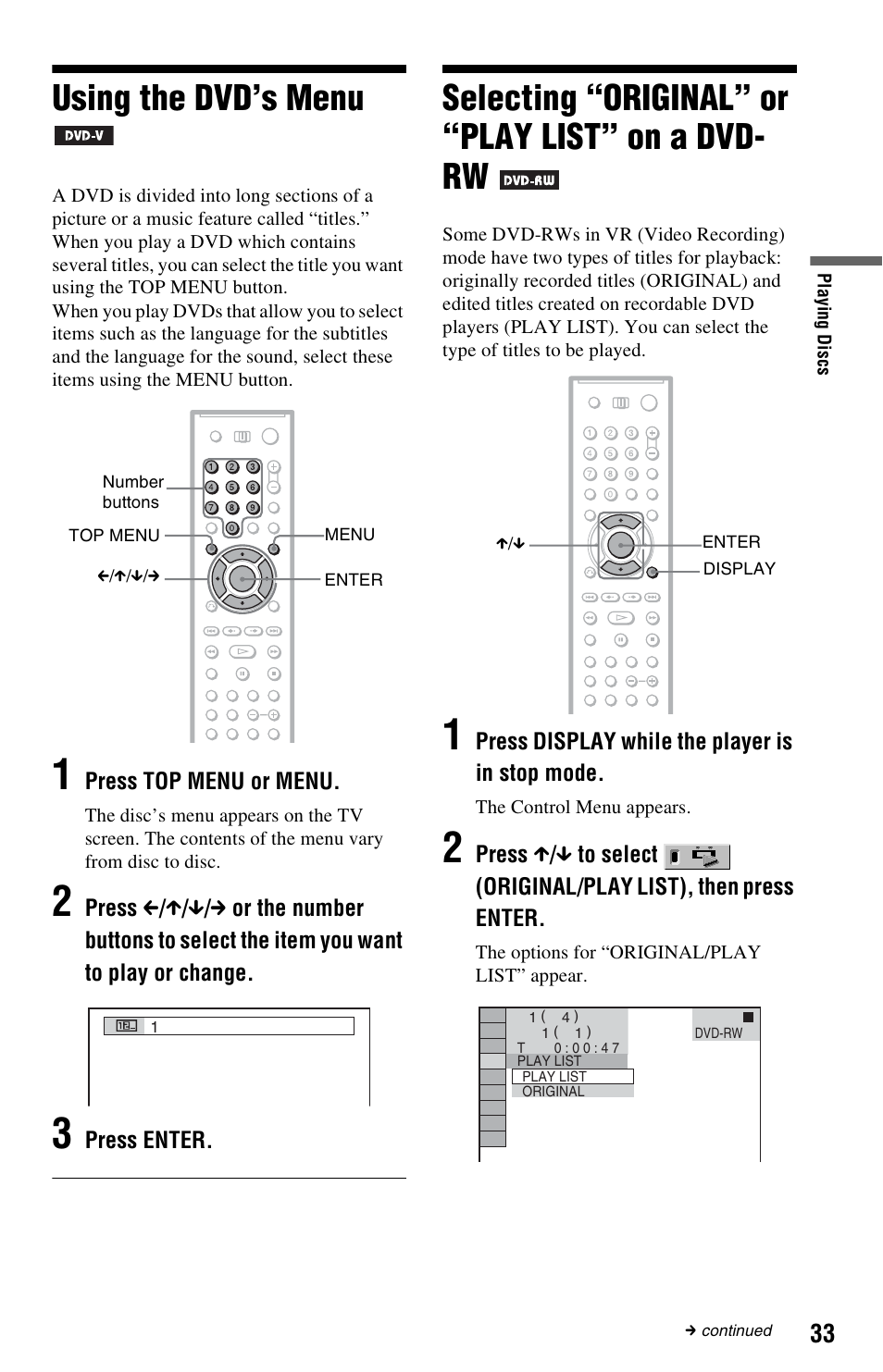 Using the dvd’s menu, Selecting “original” or “play list” on a dvd- rw, Ns (33) | Sony DVP-NS3100ES User Manual | Page 33 / 88
