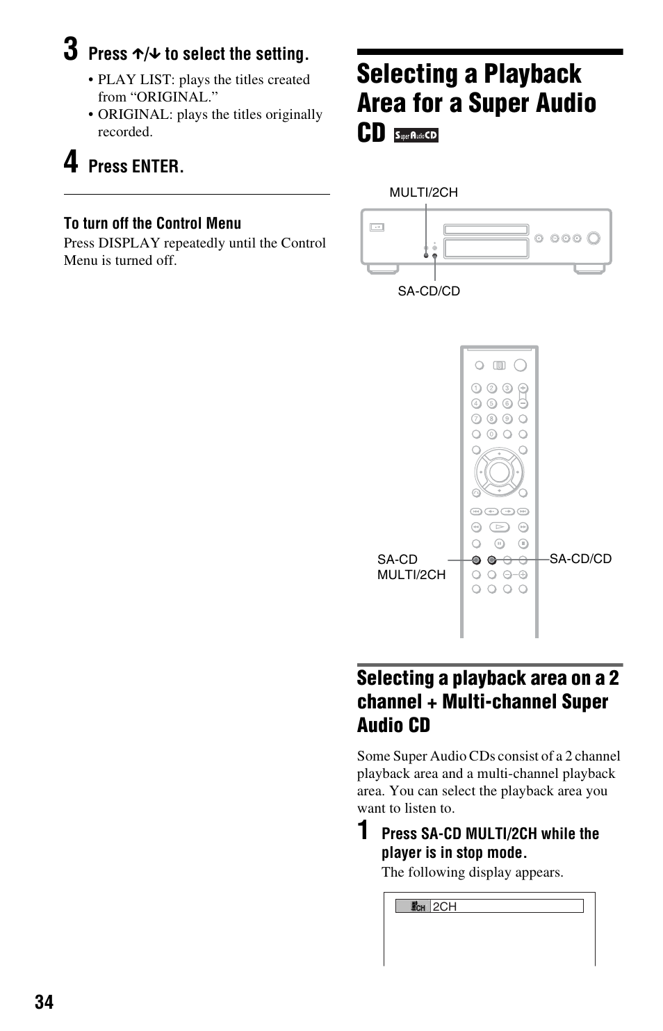 Selecting a playback area for a super audio cd | Sony DVP-NS3100ES User Manual | Page 34 / 88