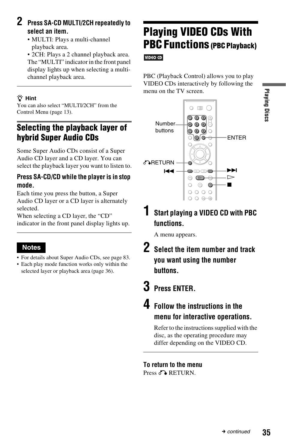 N (35, Playing video cds with pbc functions | Sony DVP-NS3100ES User Manual | Page 35 / 88