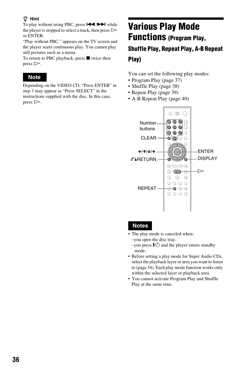 Repeat play, a-b repeat play), De (36), Various play mode functions | Sony DVP-NS3100ES User Manual | Page 36 / 88