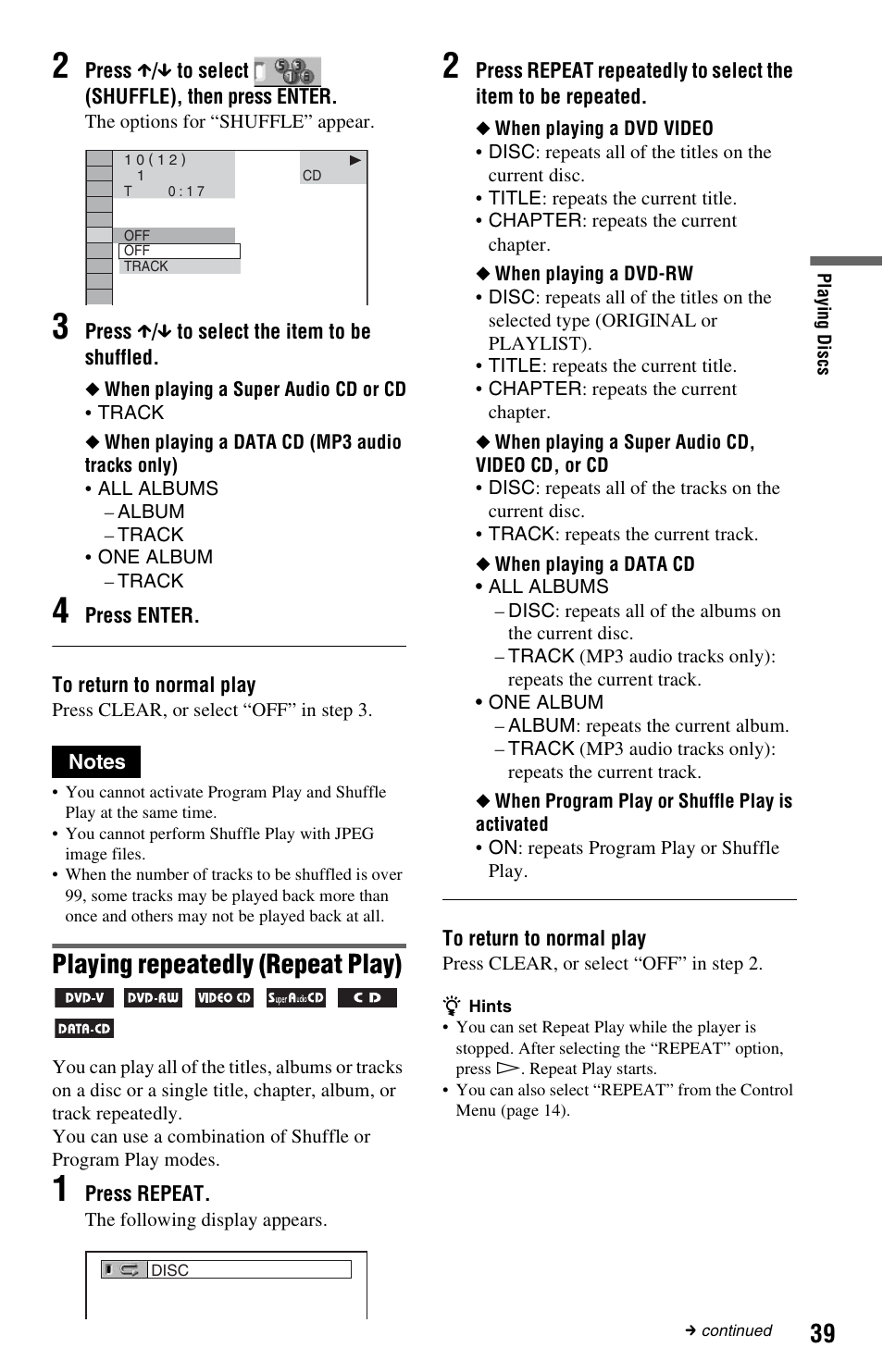 On (39), Playing repeatedly (repeat play) | Sony DVP-NS3100ES User Manual | Page 39 / 88