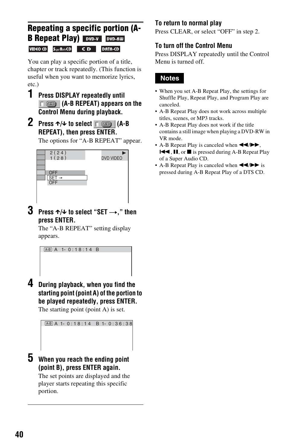 Repeating a specific portion (a- b repeat play) | Sony DVP-NS3100ES User Manual | Page 40 / 88