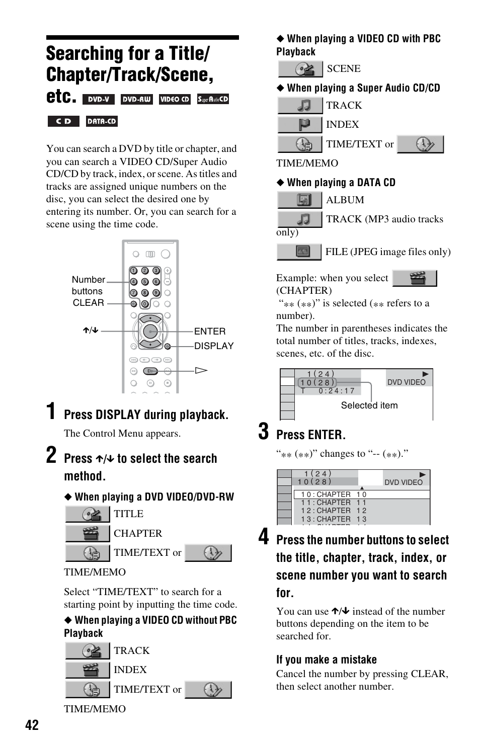 Searching for a title/ chapter/track/scene, etc, Searching for a title/chapter/track/scene, etc | Sony DVP-NS3100ES User Manual | Page 42 / 88