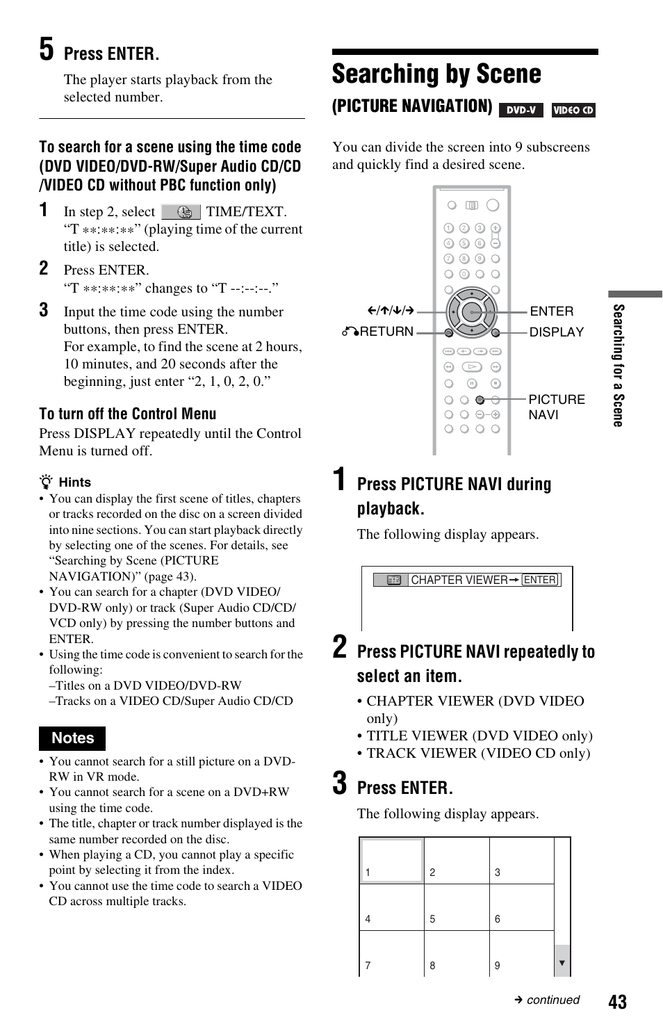 Searching by scene (picture navigation), N (43, Searching by scene | Sony DVP-NS3100ES User Manual | Page 43 / 88