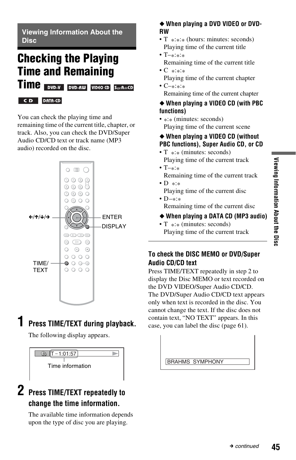 Viewing information about the disc, Checking the playing time and remaining time, N (45 | Sony DVP-NS3100ES User Manual | Page 45 / 88
