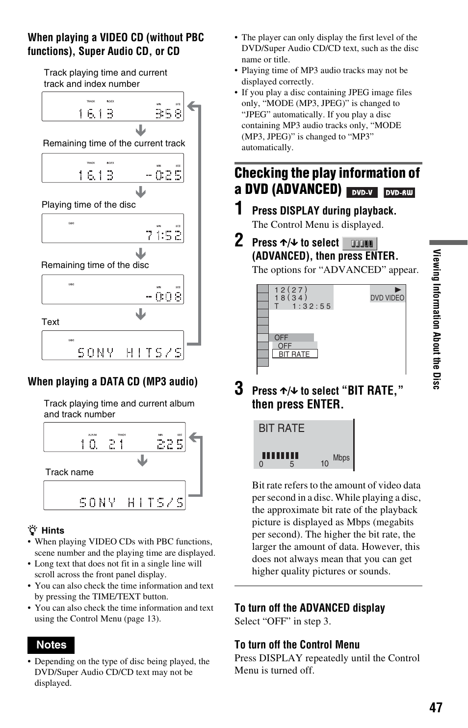 Me (47), Ne (47, Cd) (47) | M (47), Checking the play information of a dvd (advanced), Bit rate,” then press enter | Sony DVP-NS3100ES User Manual | Page 47 / 88