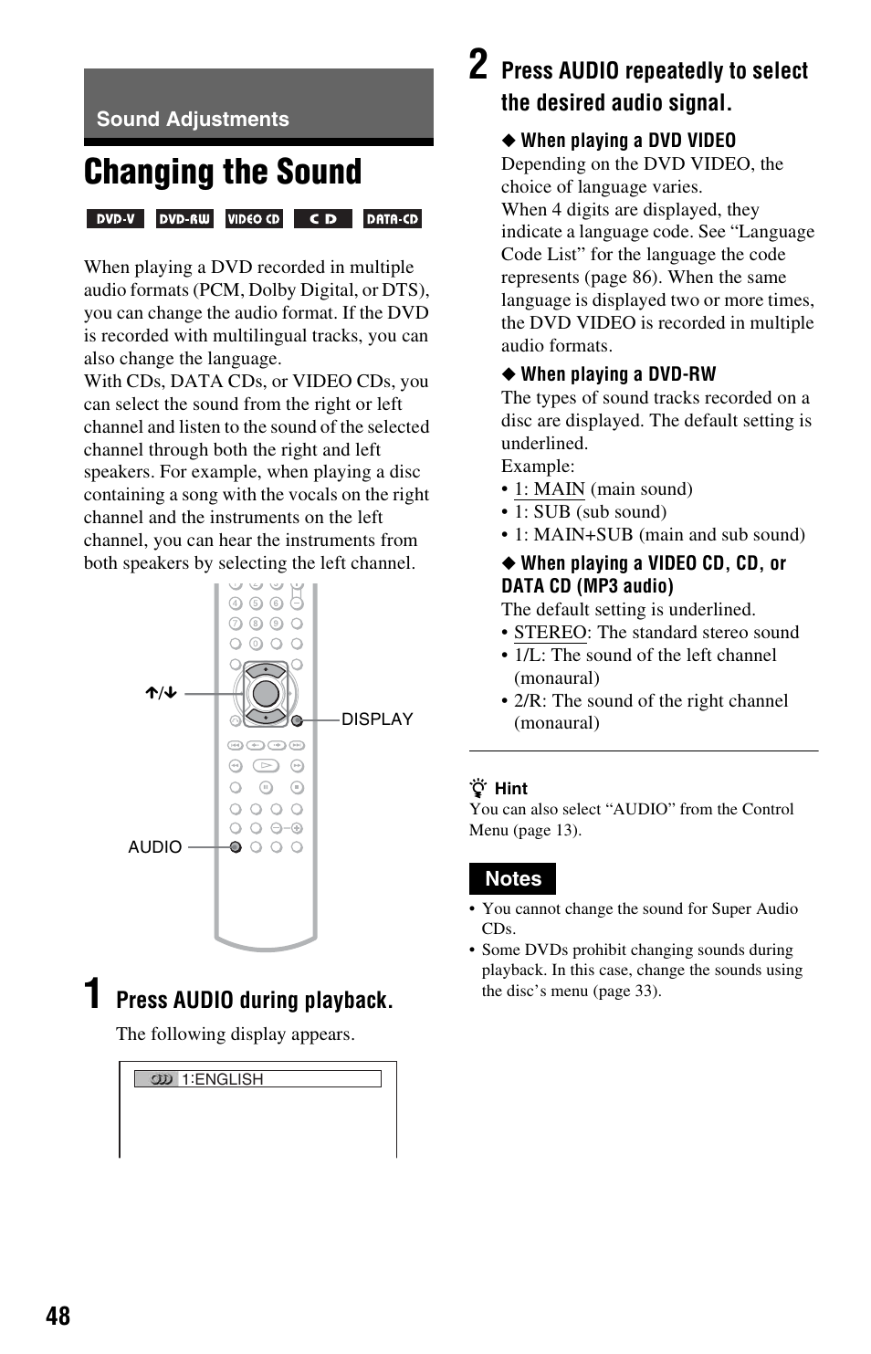 Sound adjustments, Changing the sound | Sony DVP-NS3100ES User Manual | Page 48 / 88